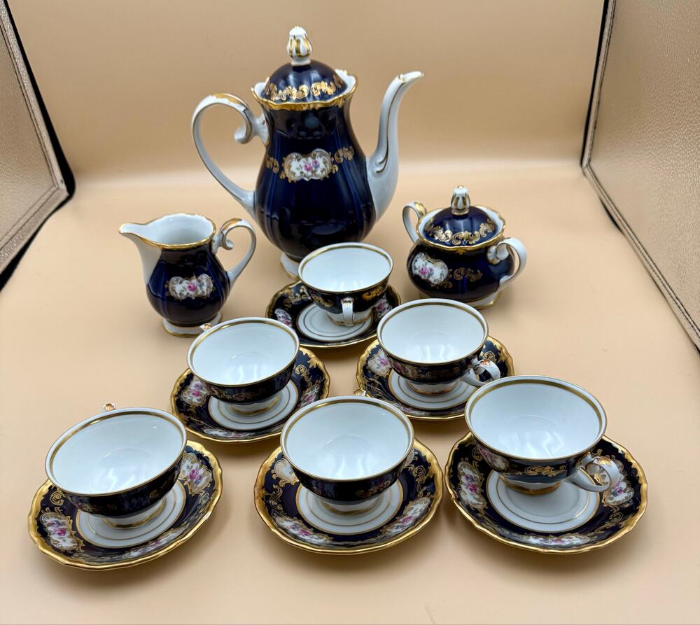 Vintage Reichenbach Echt Kobalt 22k Gold Floral German Porcelain 15 Piece Set